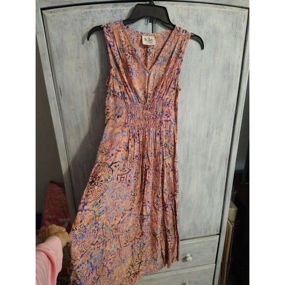 Go fish Maxi  sleeveless dress bohemian small peach & blue Feminine Cottage Core - Picture 3 of 8